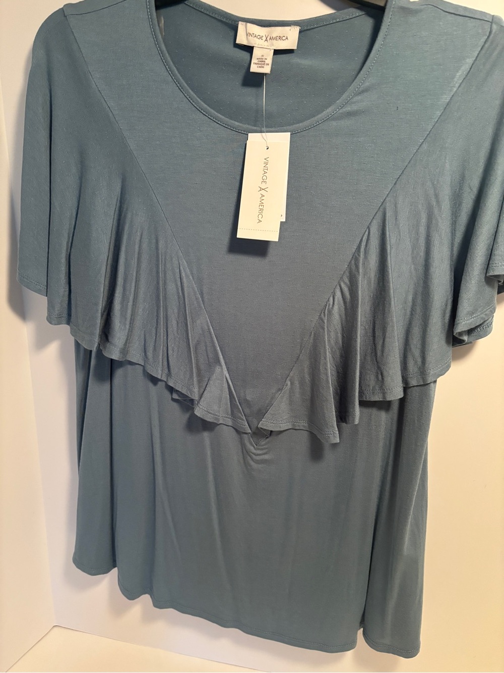 Vintage America Dusty Blue Ruffle Scoop Neck Tee NWT